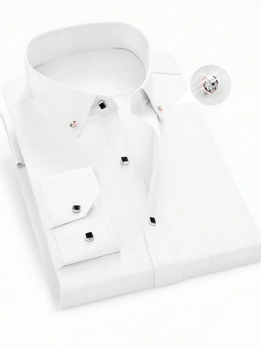 Manfinity Mode Loose Fit Men's White Long Sleeve Casual Shirt, Men's Dress Shirts, White Dress Shirts For Men, Fall - White - View 1