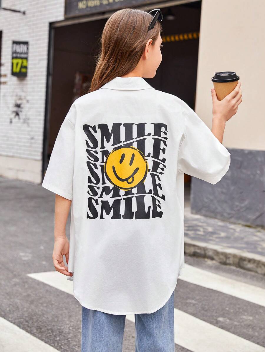 Camisa Casual Solta De Tecido Com Impressão De Letras E Rosto Para Meninas Pré-adolescentes - Branco - Ver 1
