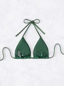 SHEIN Swim Màu thuần Halterneck Áo bikini Lễ hội hóa trang - màu xanh lá - Xem 2