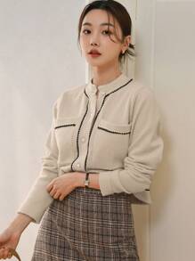 DAZY Áo Cardigan thiết kế túi và phối màu - Lạc đà - Xem 1