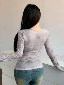 DAZY Women'S Square Neckline Split Hem Long Sleeve Top