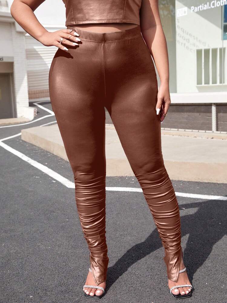 Plus Size Women'S Slim Fit Pants With Pleats, Side Slit Hem