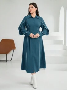 Mulvari Plus Size Color Block Rolled Edge Long Sleeve Dress