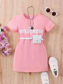 SHEIN 少女信件印花短袖裙,附配套包袋 - 粉色 - 查看 1