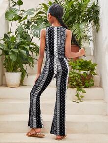 青少年女孩休閒度假花卉印花圓領無袖背心和喇叭褲套裝 - 黑與白 - 查看 2