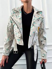 EURMUSE Ladies' Lapel Collar Belted Motorcycle Jacket - White - View 4