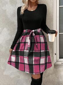 SHEIN LUNE Round Neck Long Sleeve Patchwork Plaid Dress - Pink - View 3