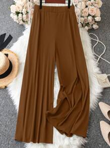 SHEIN LUNE Plus Size Women's Elastic Waist Pants - Coffee Brown - View 2