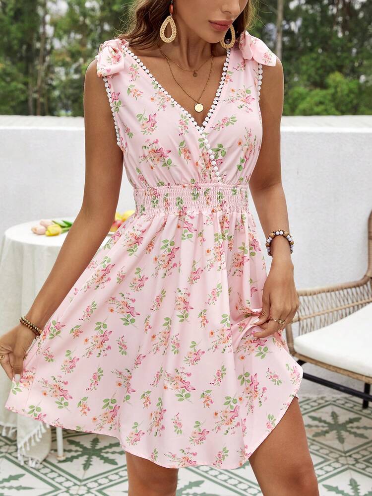 Women's Floral Printed Shirred Waist Dress