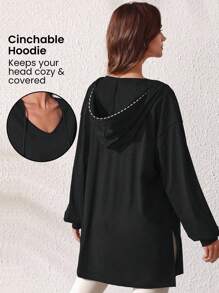 Lifespree 女款下垂肩長袖連帽運動衫 - 黑色 - 查看 1