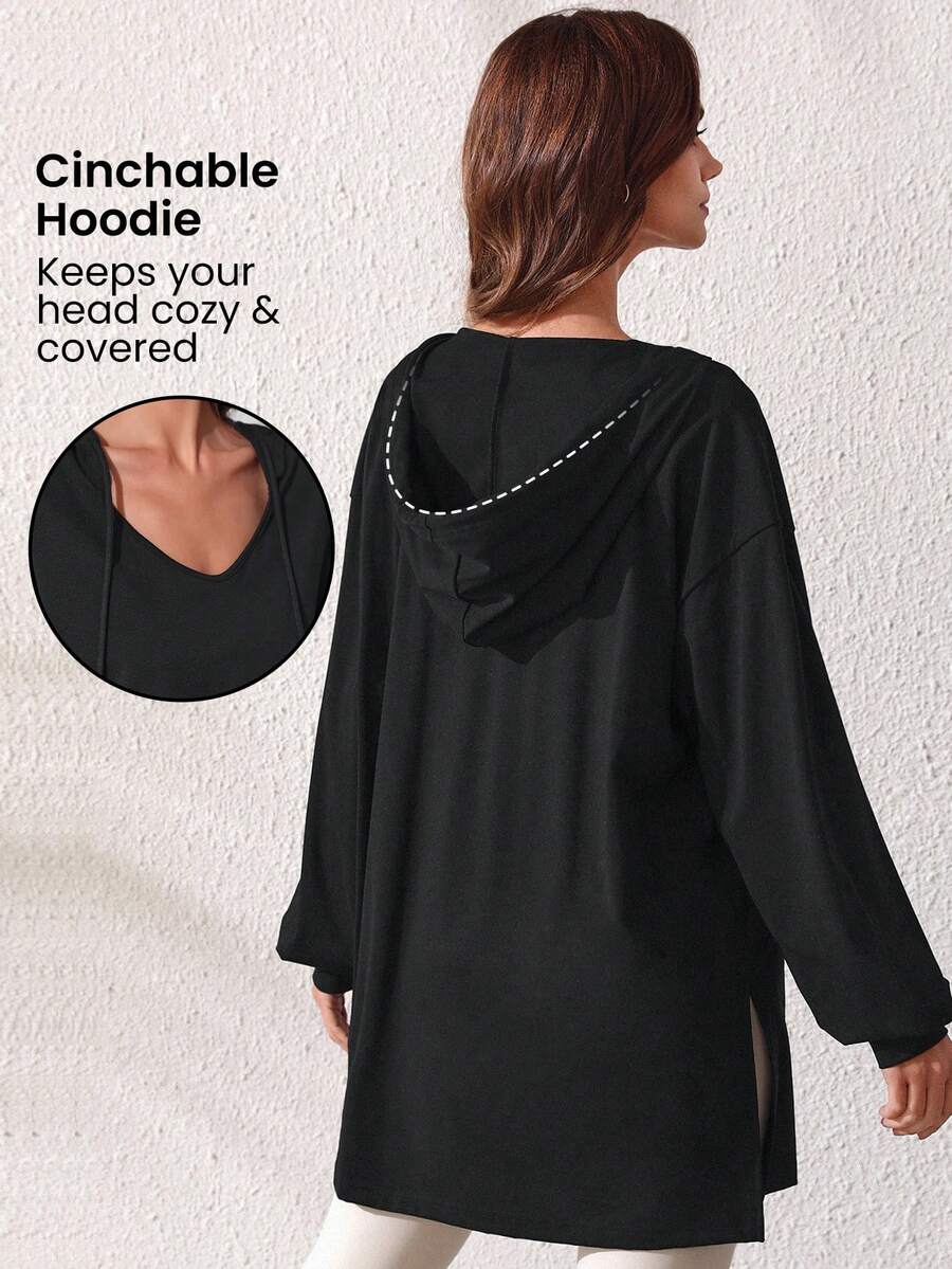 Lifespree 女款下垂肩長袖連帽運動衫 - 黑色 - 查看 1