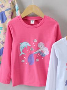 SHEIN 3 件/套 女孩休閒卡通圓領長袖 T 卹日常穿著,秋季 - 彩色 - 查看 5