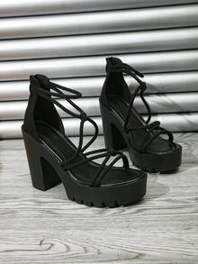 Women'S Summer Black Pu Single Band Chunky High Heel Roman Sandals For Outdoor - Black - View 3