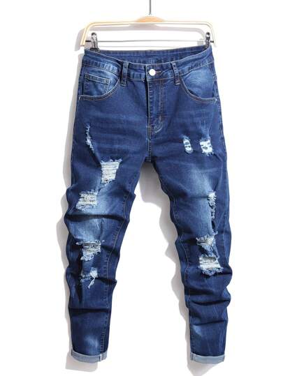 Manfinity Roughcore Jeans Masculinos Desgastados