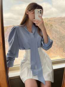 DAZY 1pc Women's Solid Color Bow Neck Elegant Business Casual Blouse,Ruffle,Fall Clothes