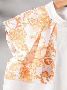 Tween Girl Stand Collar Asymmetrically Spliced Flower Pattern Ruffle Sleeve Shirt - White - View 3