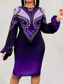 SHEIN Clasi Plus Paisley Print Lantern Sleeve Bodycon Dress - Multicolor - View 3