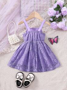 嬰幼女孩蕾絲肩帶連身裙 - 紫色 - 查看 2