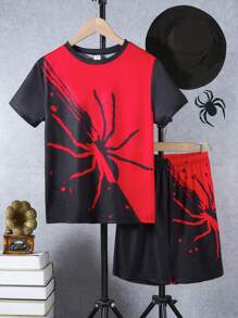 SHEIN 3入組少年男童黑紅色蜘蛛印花短袖T恤和短褲套裝，附帶夏季漁夫帽 - 黑色 - 查看 1