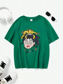 SHEIN 青少年男孩寬鬆休閒圓領卡通圖案t恤 - 綠色 - 查看 1