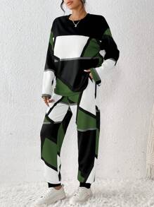 SHEIN Unity Women's Contrast Color Round Neck Long Sleeve Top And Pants Two Piece Set - Green - View 5