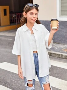 Camisa Casual Solta De Tecido Com Impressão De Letras E Rosto Para Meninas Pré-adolescentes - Branco - Ver 2