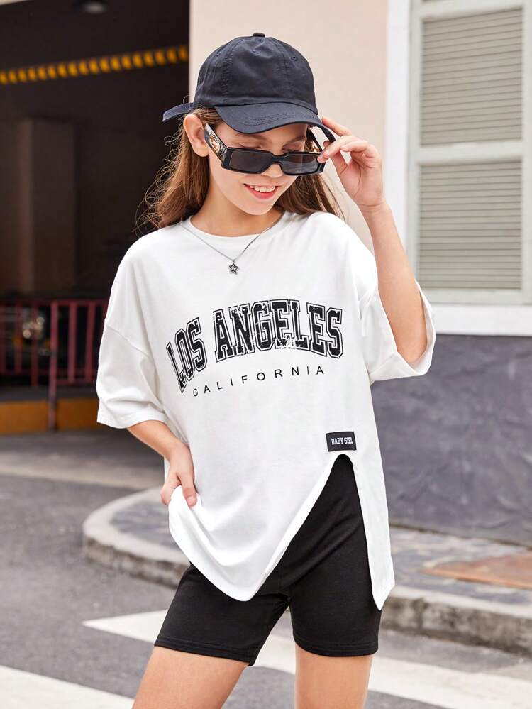 2pcs/Set Tween Girls' Casual Letter Patch Top & Plaid Shorts, Spring/Summer