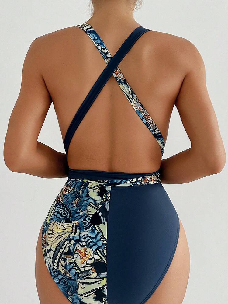 Random Printed Backless One-Piece Bathing Suit Carnival Summer