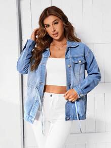 SHEIN LUNE Women'S Drawstring Waist Denim Jacket - Medium Wash - View 1
