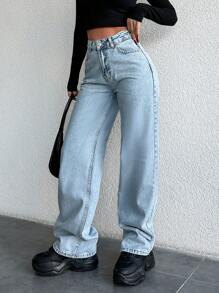 SHEIN Cottnline Jeans De Pierna Recta Para Mujeres Con Efecto Lavado - Lavado ligero - Ver 5