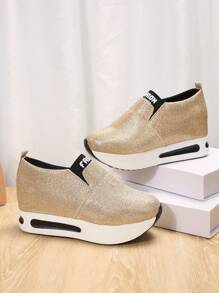 Zapatillas casuales doradas para mujer 2025, con suela gruesa y plataforma tipo cuña, diseño slip-on con elástico para ponerse y quitarse fácilmente, adecuadas para caminar, senderismo - Dorado - Ver 3