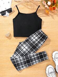 SHEIN Cô gái Tween Dệt kim Hình trái tim Cami ngọn Và Dệt kim Kẻ sọc Lỏng lẻo Quần Vừa Khít Trang phục mặc nhà Bộ - Đen và trắng - Xem 2