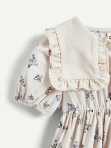 Cozy Pixies Baby Girl Short Sleeve Floral Pattern Dress With Ruffle Hem And Hat Set - Apricot - View 9