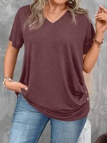 SHEIN Clasi 大尺碼女士v領打摺t恤 - 玫紅色 - 查看 3