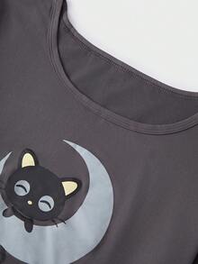 Teen Girls' Cat Pattern Printed Short Sleeve T-Shirt And Shorts Homewear Set - Dark Grey - View 4