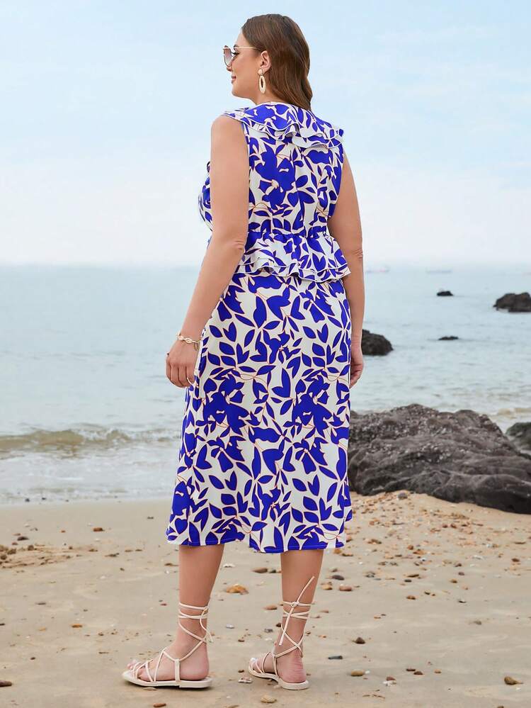 Plus Size Summer Holiday Shadow Cut Blue & White Print Ruffled Open Split Sweetheart Neckline Dress, Perfect For Valentine's Day