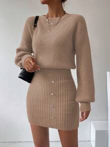 SHEIN Clasi 女士圓領下垂肩長袖針織毛衣裙 - 卡其色 - 查看 3