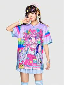 ROMWE Anime Camiseta con estampado de personajes de dibujos animados coloridos y adorables, de talla grande, para señoras, escuela
