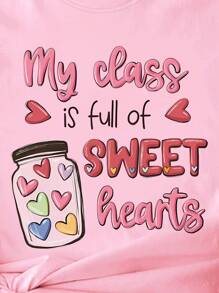 INAWLY Women's Love & Slogan Print Round Neck T-Shirt My Class Is Full Of SWEET Hearts Graphic Tees Women Tops - Pink - View 3