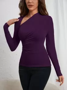 COSMINA Women's Elegant Asymmetrical Neck Ruched Slim Fit Design T-Shirt - Purple - View 3