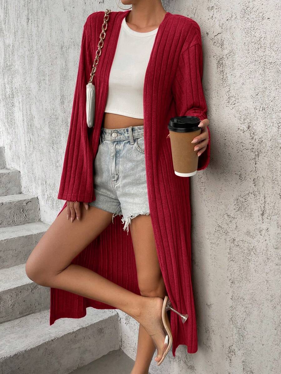 SHEIN Essnce Women's Solid Color Ribbed Knit Cardigan - Red - View 1