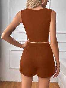 SHEIN Essnce Women's Solid Color Slim Fit 2-Piece Set - Brown - View 2