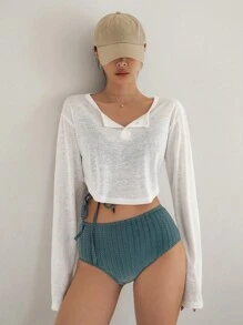 DAZY 1pc Women's Buttoned Half Placket Long Sleeve Cover Up Top Summer Vacation Outfits Women - White - View 1