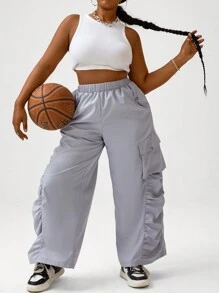 Flirla Plus Size Solid Color Cargo Pants With Pleated Detail Fall Cloth For Women - Light Grey - View 1