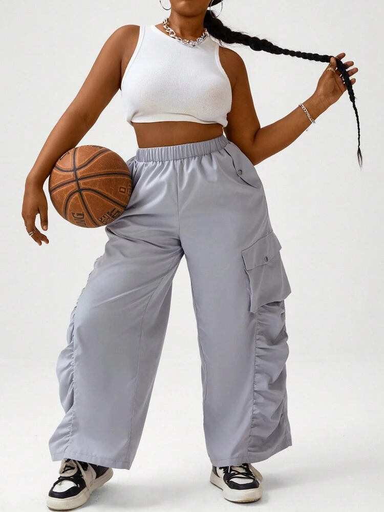 Plus Size Solid Color Cargo Pants With Pleated Detail Fall Cloth For Women