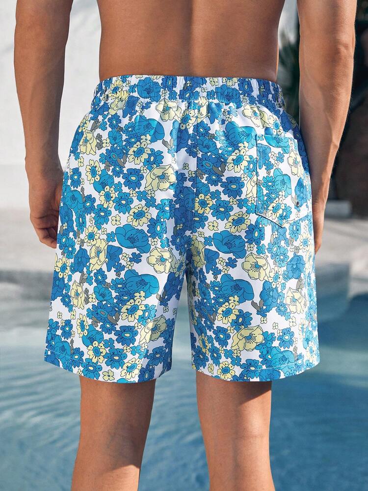 Men'S Floral Print Drawstring Beach Shorts