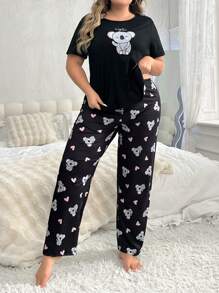 Conjunto De Pijama Con Pantalones Y Top De Manga Corta Con Estampado De Koala De Talla Grande