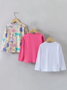 SHEIN 3 件/套 女孩休閒卡通圓領長袖 T 卹日常穿著,秋季 - 彩色 - 查看 2