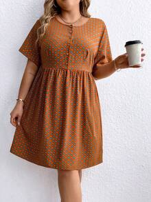 SHEIN LUNE Plus-Size Full Printed Button-Front Knee-Length Dress - Brown - View 6