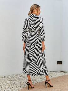 SHEIN Privé Áo choàng mặt trước In sọc Viền chia cắt Đầm - Đen và trắng - Xem 2